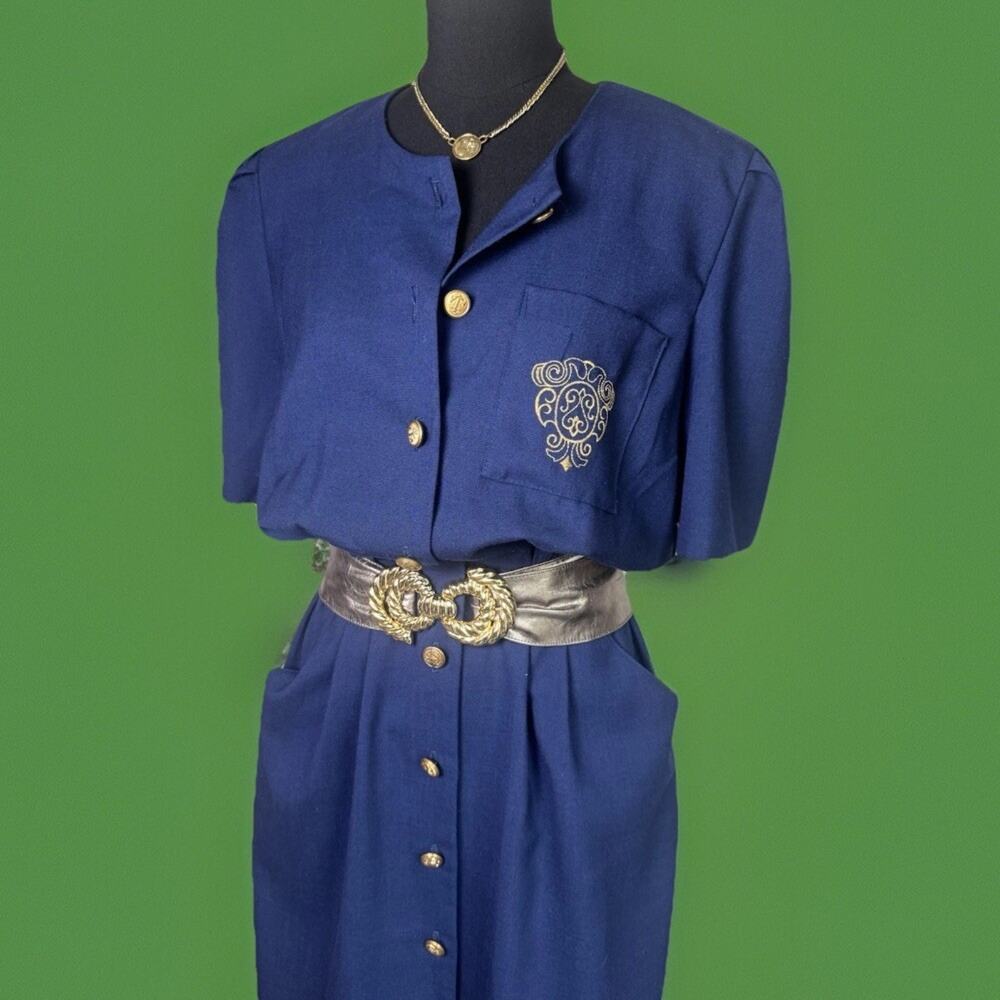 Vintage 80s 90s Nautical Dress | Cobalt Blue | Gold Anchor Buttons | Yacht Rock